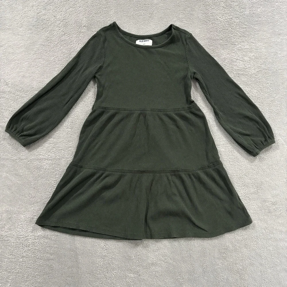 Old Navy Dress Girls Medium (8) Rib knit Tiered Long Sleeve Round Neck Green